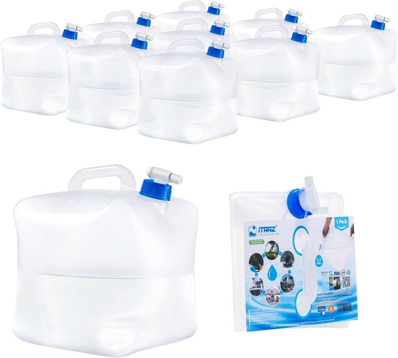 ITRAZ Collapsible Water Jug, 10 Packs 5.3 Gallon BPA Free Camping Water Container with Spigot, Portable Water Storage Carrier for Emergency Survival Hiking Backpacking Outdoors - Food Grade LDPE - Image 1